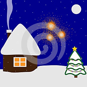 Winter landscape illustration vector Night Firework Christmas tree House Snow New Year Christmas